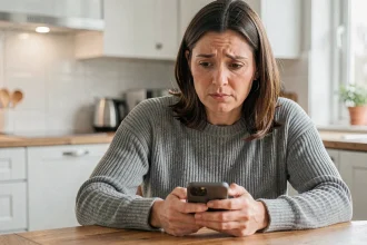 Femme regardant son smartphone avec une expression perplexe après avoir repéré un numéro inconnu commençant par 0568 sur son relevé d'appels