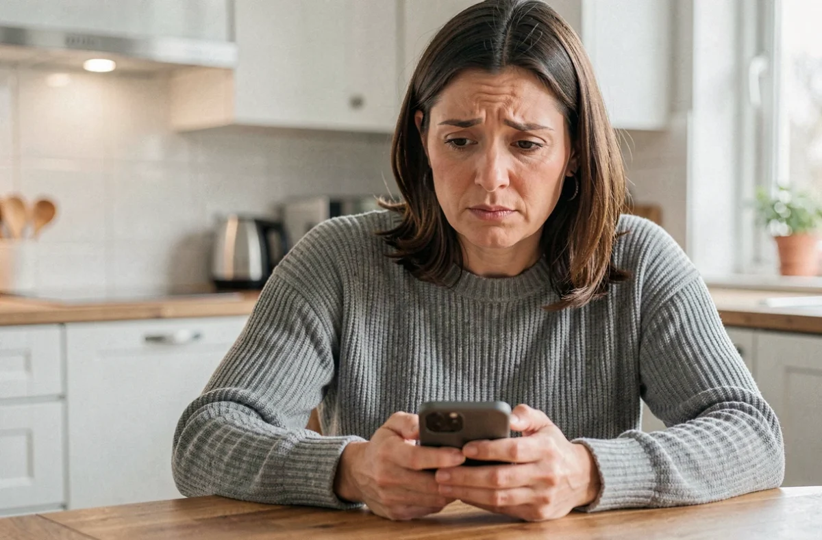 Femme regardant son smartphone avec une expression perplexe après avoir repéré un numéro inconnu commençant par 0568 sur son relevé d'appels