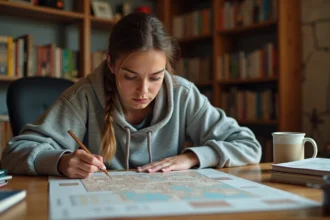 Jeune femme concentrée annotant une solution d'escape room sur une carte imprimée, assise à un bureau en bois dans un bureau à domicile chaleureux