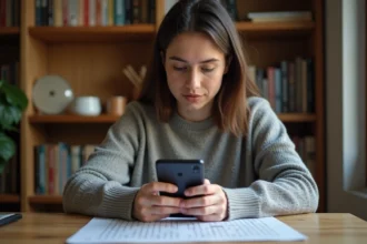 Femme consultant les solutions du jeu Codycross sur smartphone avec grille de mots croisés posée sur un bureau en bois