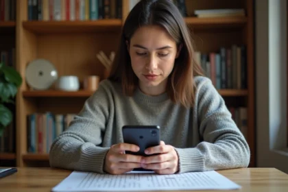 Femme consultant les solutions du jeu Codycross sur smartphone avec grille de mots croisés posée sur un bureau en bois