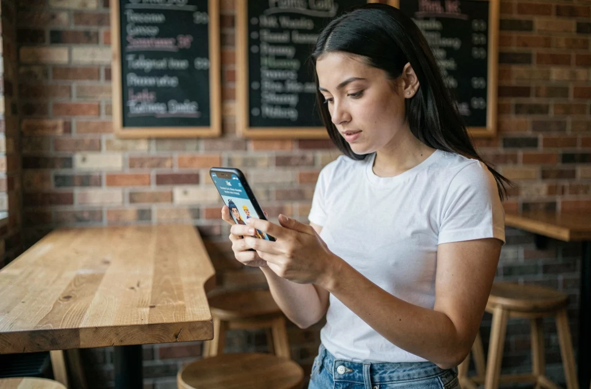 Jeune femme lisant les conditions du Supercell Store Brawl Stars sur son téléphone dans un café urbain