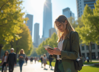 Jeune femme utilisant une tablette dans un parc urbain futuriste