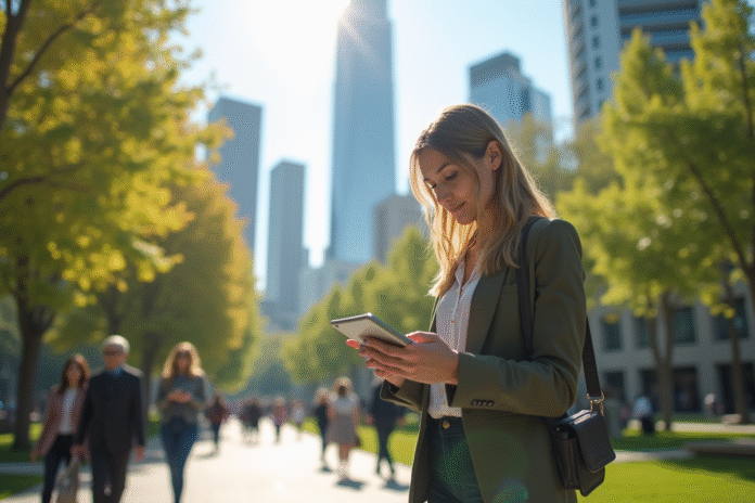 femme-tablette-ville-futuriste Jeune femme utilisant une tablette dans un parc urbain futuriste