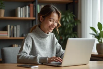 Jeune femme souriante travaillant sur un ordinateur à domicile