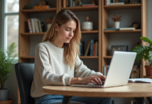 Jeune femme concentrée travaillant sur son ordinateur dans un bureau à domicile