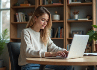 Productivité : impact du travail à distance sur l’efficacité des salariés Jeune femme concentrée travaillant sur son ordinateur dans un bureau à domicile