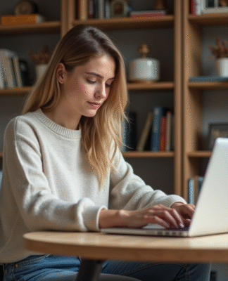 Jeune femme concentrée travaillant sur son ordinateur dans un bureau à domicile