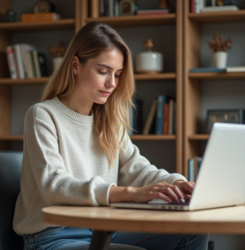 Jeune femme concentrée travaillant sur son ordinateur dans un bureau à domicile