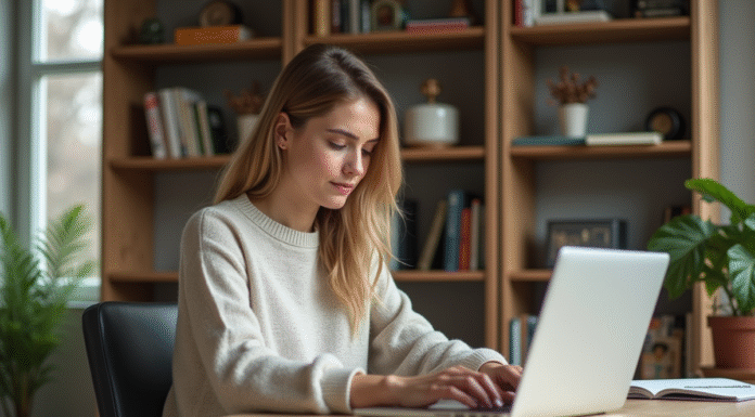 Jeune femme concentrée travaillant sur son ordinateur dans un bureau à domicile