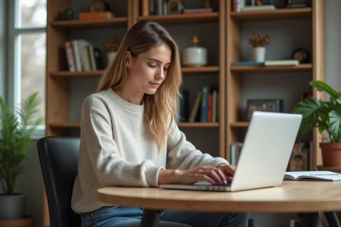 femme-travaillant-home-office Jeune femme concentrée travaillant sur son ordinateur dans un bureau à domicile