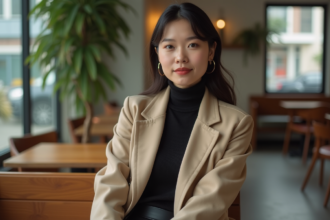 Femme élégante en trench beige dans un café moderne