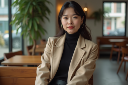 Femme élégante en trench beige dans un café moderne
