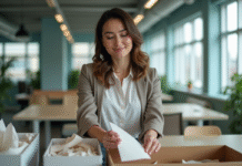 Femme triant du papier recyclable dans un bureau moderne