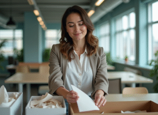 Écologie au travail : conseils pratiques pour être plus éco-responsable Femme triant du papier recyclable dans un bureau moderne