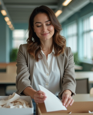 Femme triant du papier recyclable dans un bureau moderne