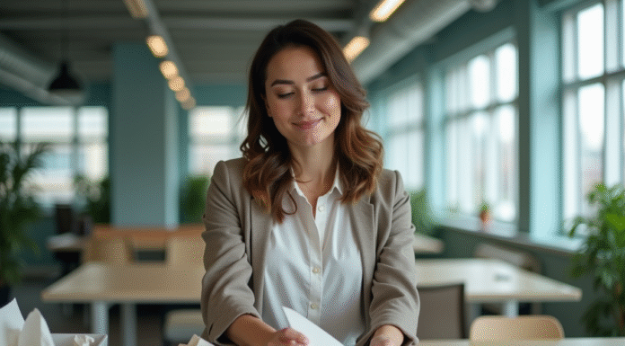 Femme triant du papier recyclable dans un bureau moderne
