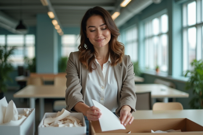 Femme triant du papier recyclable dans un bureau moderne