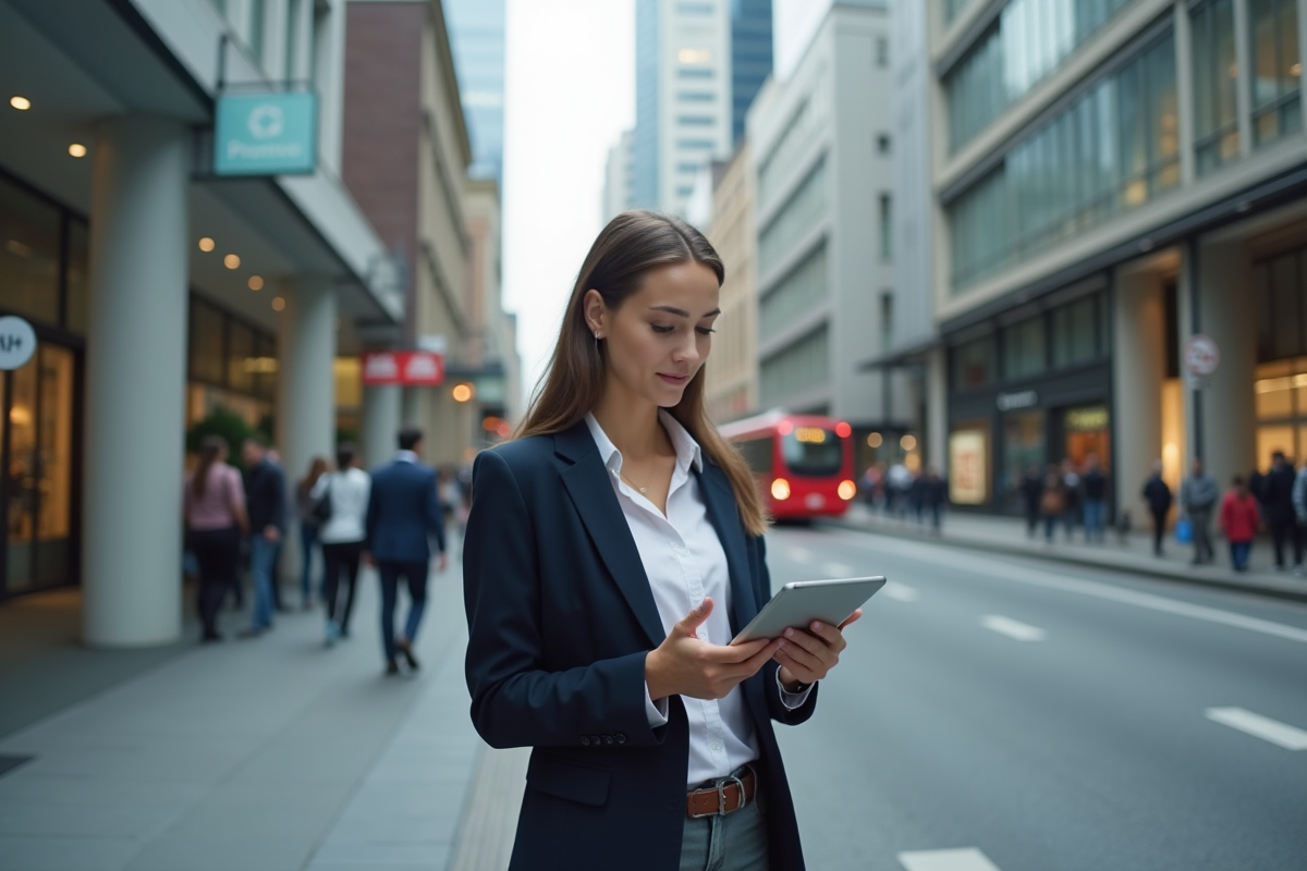 Jeune femme avec tablette dans une rue urbaine animée