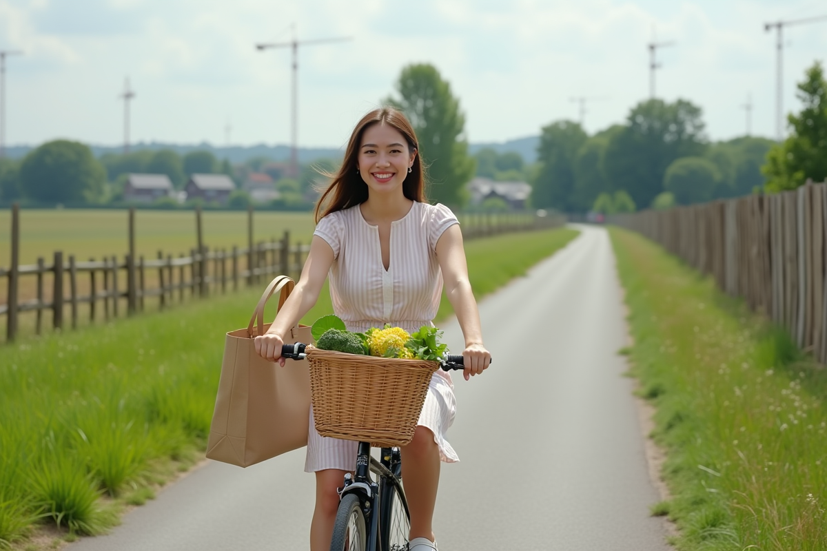 Jeune femme à vélo dans un paysage de lotissements et champs