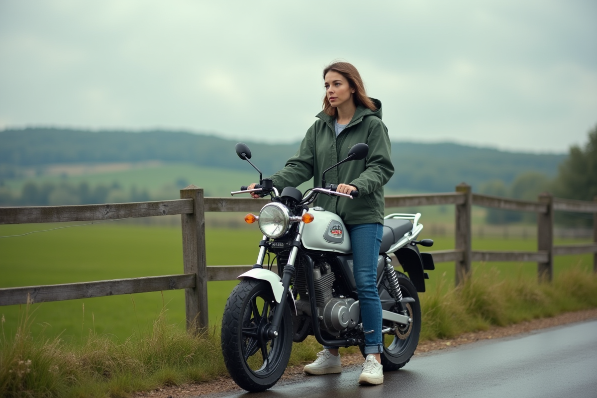 Femme en tenue décontractée examinant une moto à la campagne