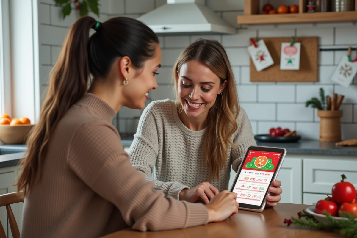 Deux femmes créant ensemble un compte à rebours de Noël personnalisé sur une tablette numérique dans une cuisine moderne