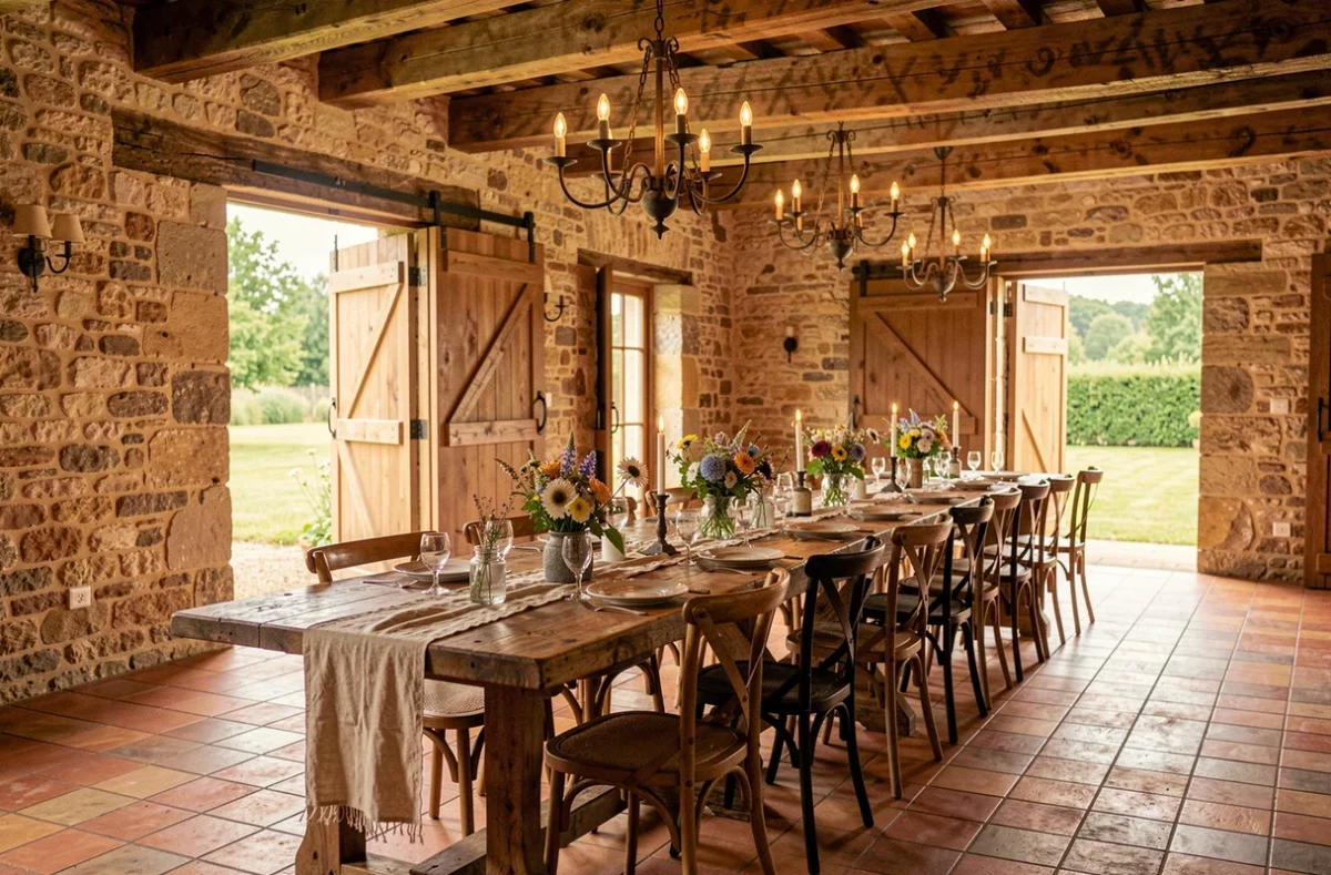 Grange rénovée de la Ferme du Parc en Essonne aménagée pour une réception avec tables en bois et fleurs champêtres