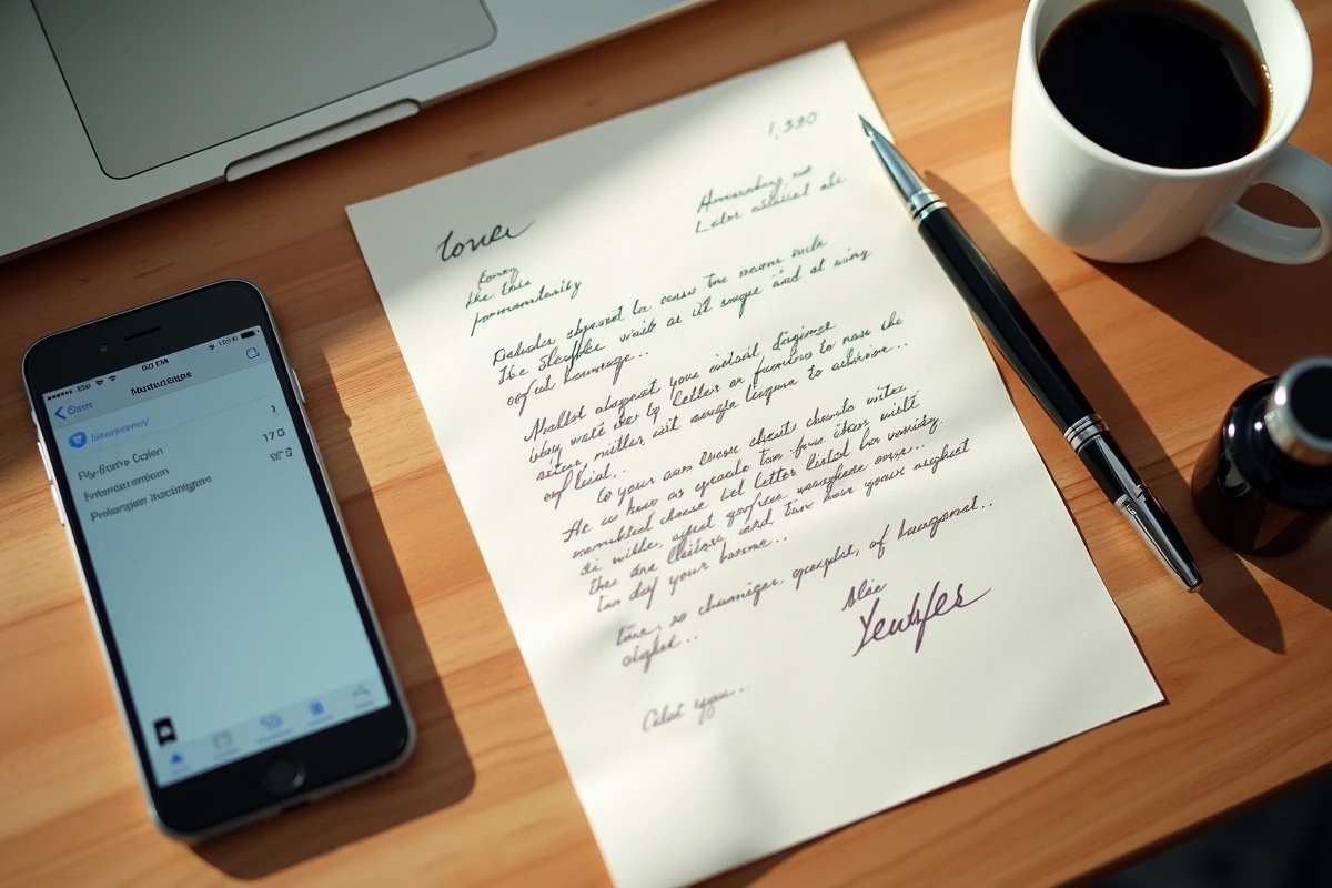 Vue de dessus d'un bureau avec une lettre formelle imprimée, un stylo plume et un smartphone affichant un générateur de lettres en ligne