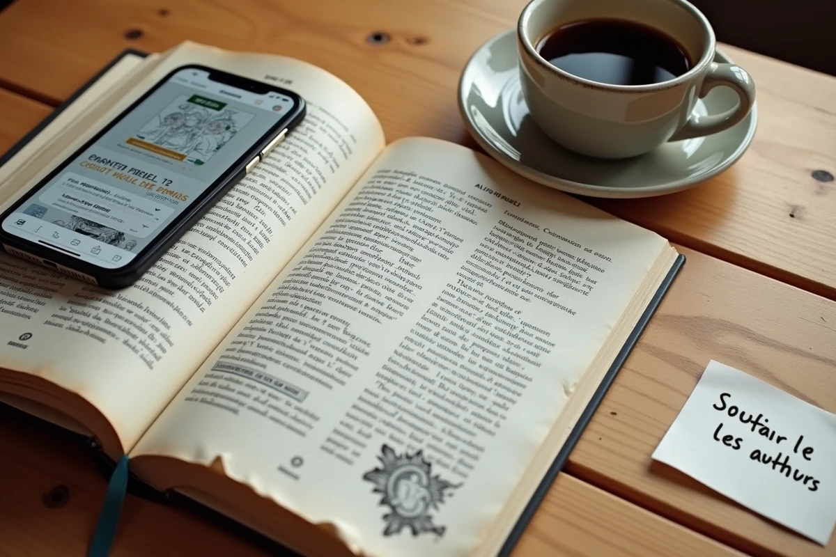 Flat lay d'un manga ouvert et d'un smartphone montrant une application de lecture légale, symbolisant le soutien aux créateurs de bande dessinée japonaise