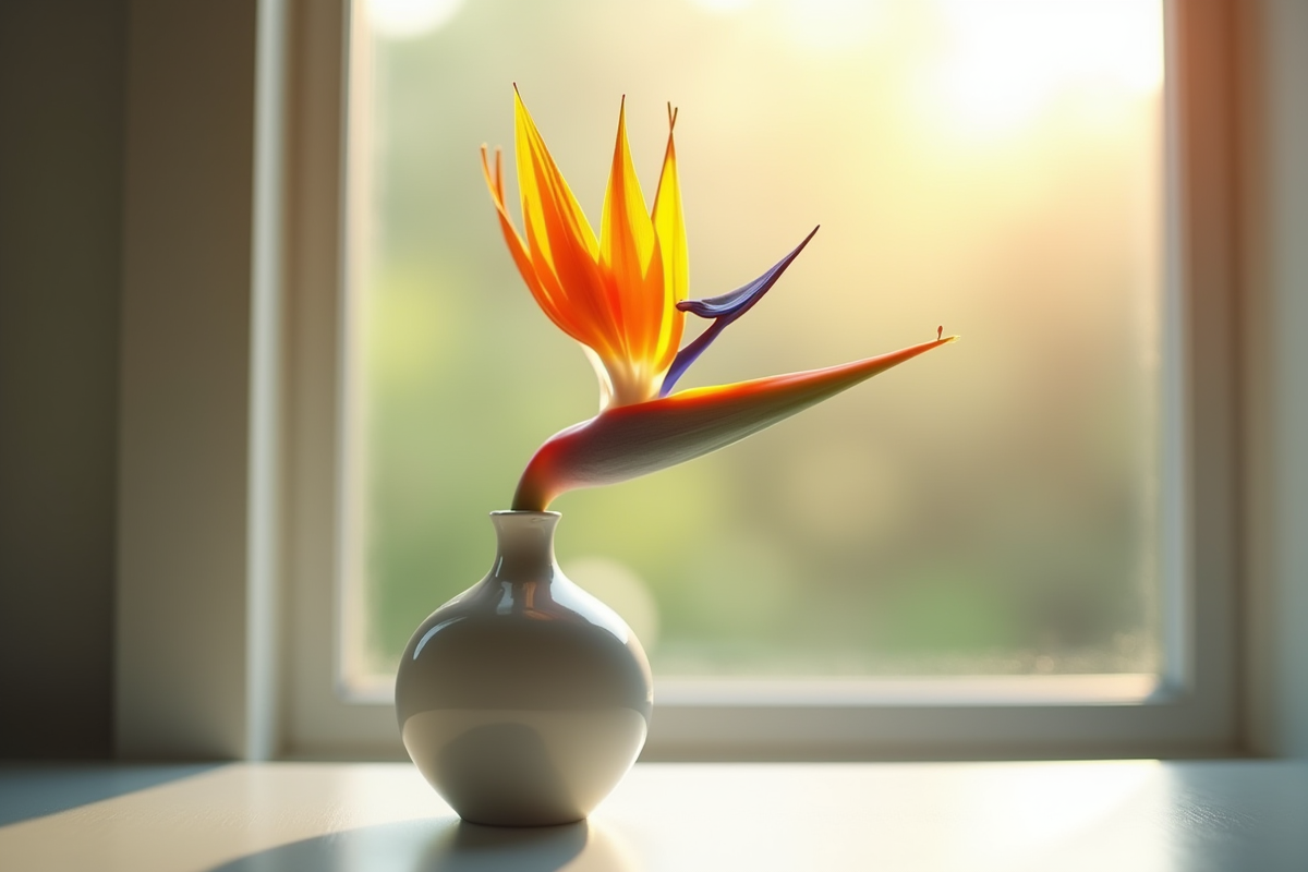 Fleur de paradis en vase moderne près d