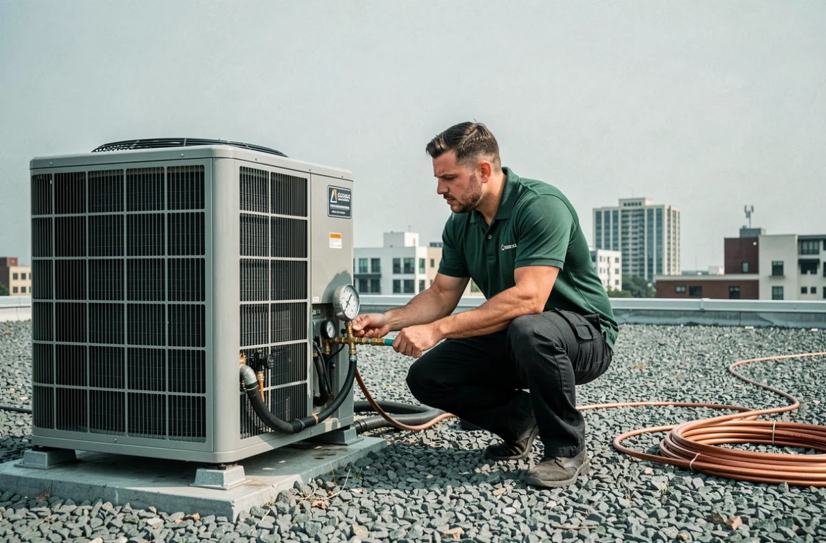 Technicien Florian Felio Génie Climatique raccordant une climatisation sur une terrasse de toit urbain