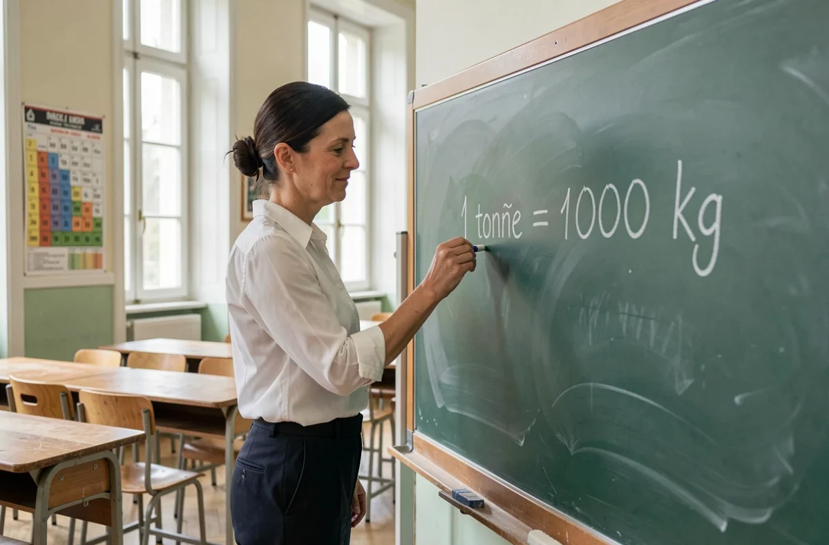 Enseignante écrivant la formule de conversion tonne en kilogramme au tableau dans une salle de classe
