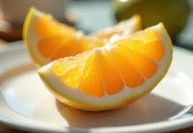 Fruit en forme de V tranché sur assiette blanche
