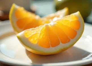 Fruit en forme de V tranché sur assiette blanche