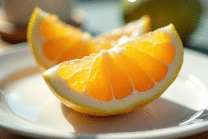 fruit-v-shape-tranche Fruit en forme de V tranché sur assiette blanche