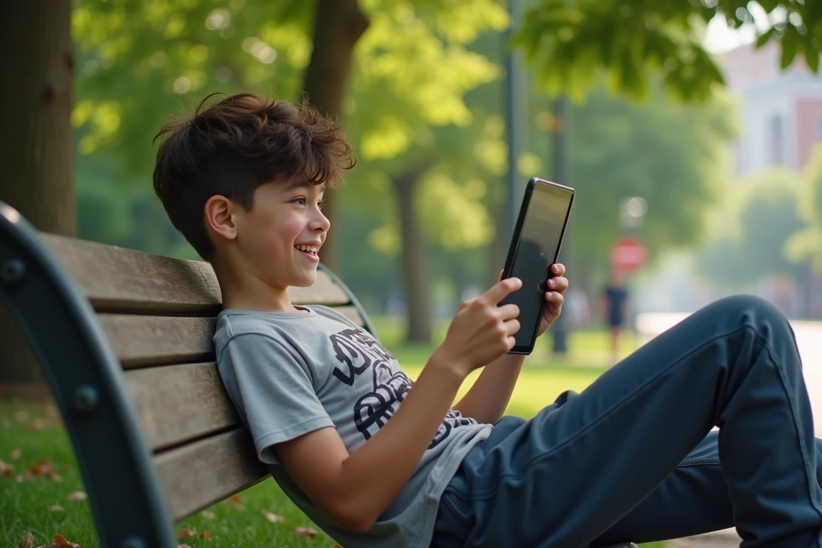 Adolescent souriant découvrant un webtoon en plein air