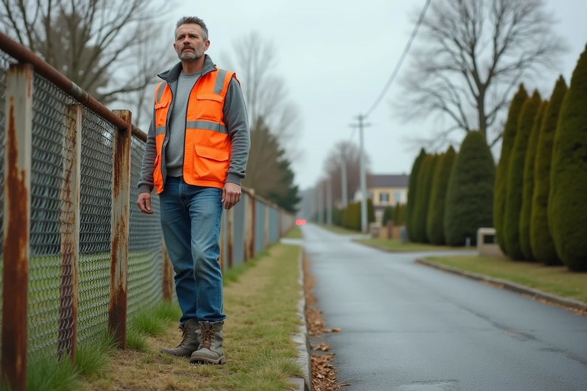 Géomètre mesurant une limite de propriété contestée dans un quartier résidentiel