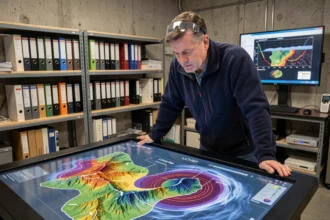 Géoscientifique analysant un modèle 3D du tsunami de la baie de Lituya sur une table interactive en laboratoire de recherche