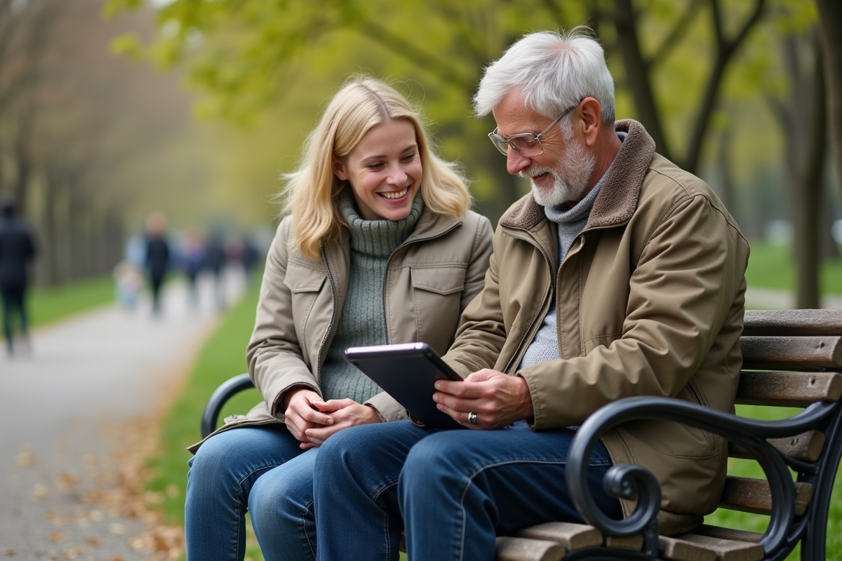 Grand-père et petite-fille discutant sur un banc dans un parc