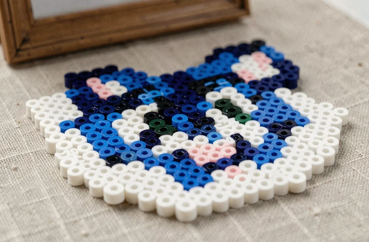 Gros plan sur une plaque de perles à repasser Stitch fusionnées montrant les détails de texture du tableau fini