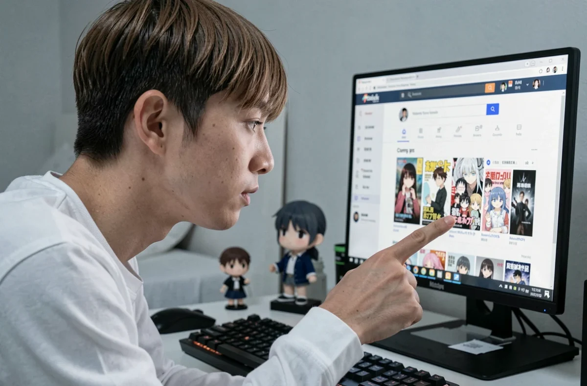 Gros plan d'une personne pointant un résultat de recherche manga sur un écran d'ordinateur