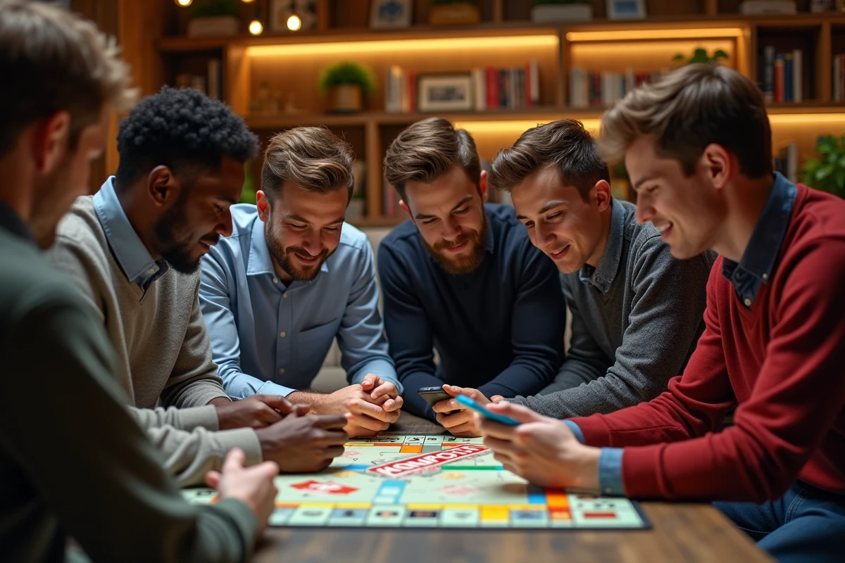 Groupe de jeunes adultes jouant à Monopoly GO dans un salon convivial