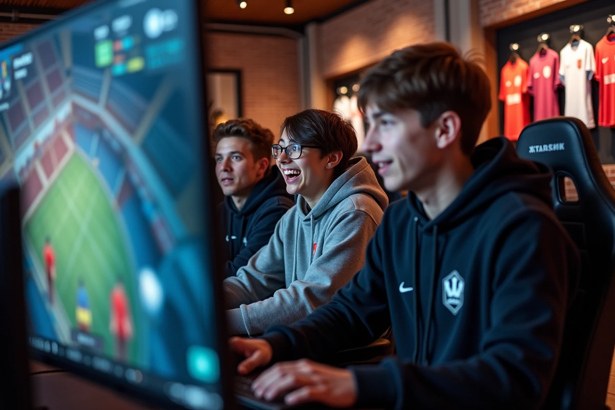 Groupe d'étudiants jouant et regardant une partie de League of Legends dans un espace esports universitaire