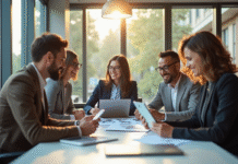 Groupe de professionnels divers collaborant dans un bureau lumineux