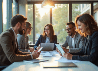 Groupe de professionnels divers collaborant dans un bureau lumineux