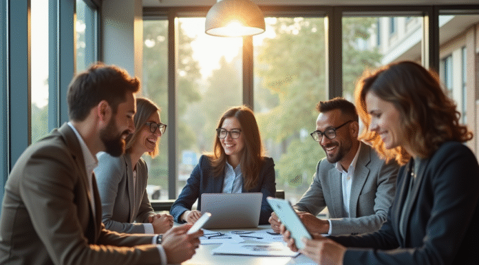 Groupe de professionnels divers collaborant dans un bureau lumineux