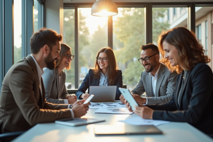 groupe-professionnels-collaborant-bureau Groupe de professionnels divers collaborant dans un bureau lumineux