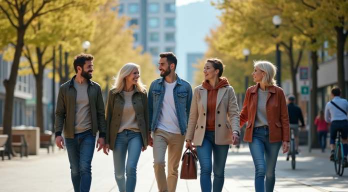 Groupe divers d'adultes dans une place urbaine en ville