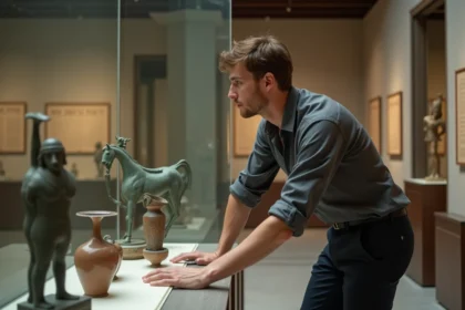 Conservateur de musée examinant des figurines grecques antiques liées au mythe d'Hermès dieu messager