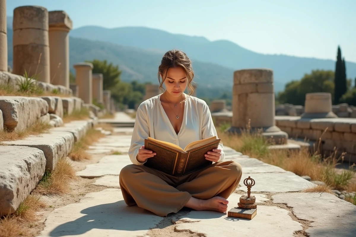 Femme lisant un livre sur la mythologie grecque au milieu de ruines antiques évoquant le mythe d'Hermès